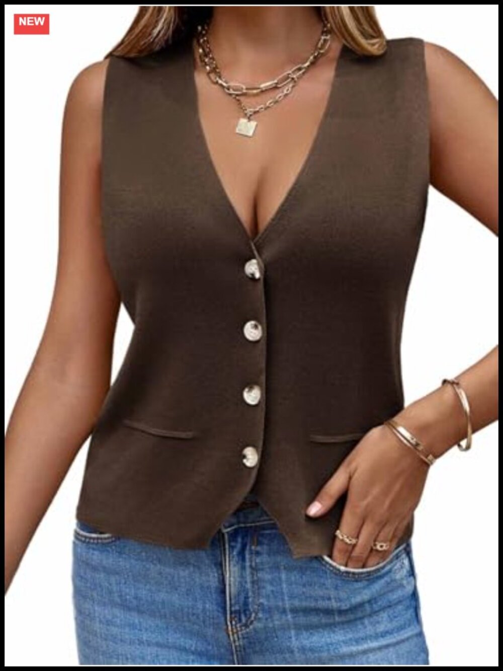 Sleeveless V Neck Button Knit Sweater Vest Loose Cardigan